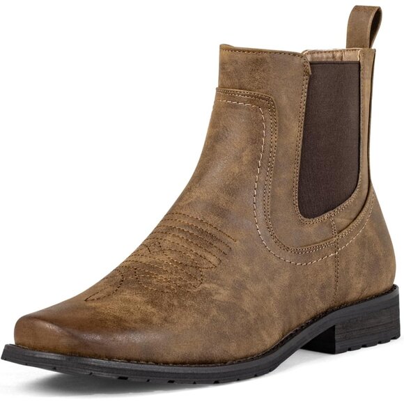 ⚡Men's Dark Brown Chelsea Square Toe Western Boot Classic Casual Work Ankle Boot - Picture 1 of 8